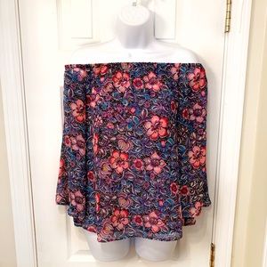 Express floral print chiffon off-the-shoulder long sleeve blouse NWOT Sz XS/S